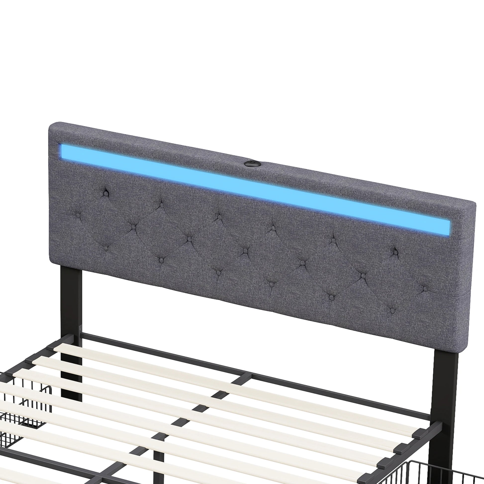 Tête de lit gris avec éclairage LED bleu et boutons de commande, cadre métal noir, lattes blanches