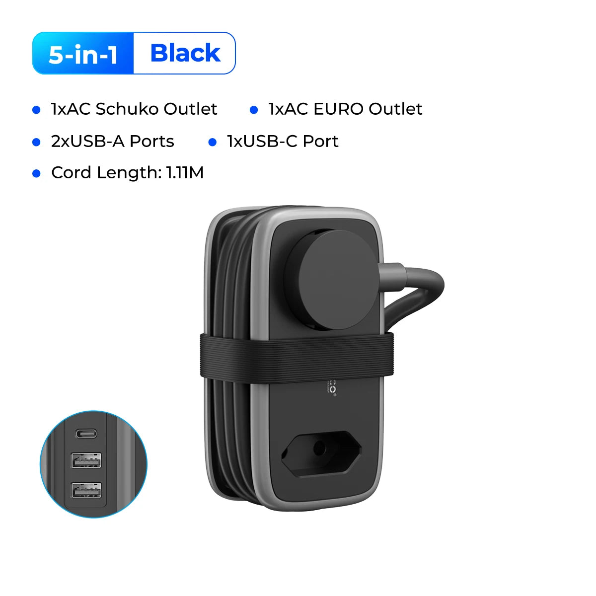 Multiprise 5-en-1 noire avec ports USB-A, USB-C, prise Schuko et EURO, câble 1.11m