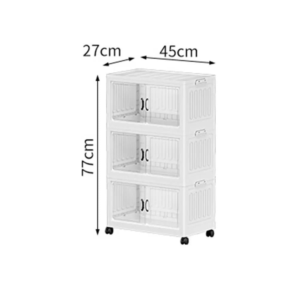 Meuble de rangement blanc à 3 niveaux avec roulettes, dimensions 77x45x27 cm, idéal pour organisation maison