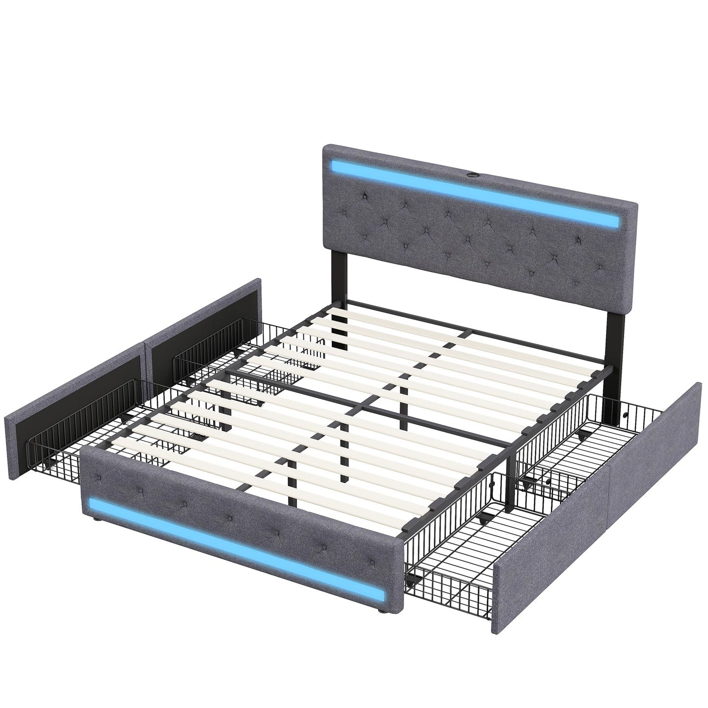 Cadre de lit gris avec LED bleue, têtière capitonnée et rangements intégrés, design moderne et pratique