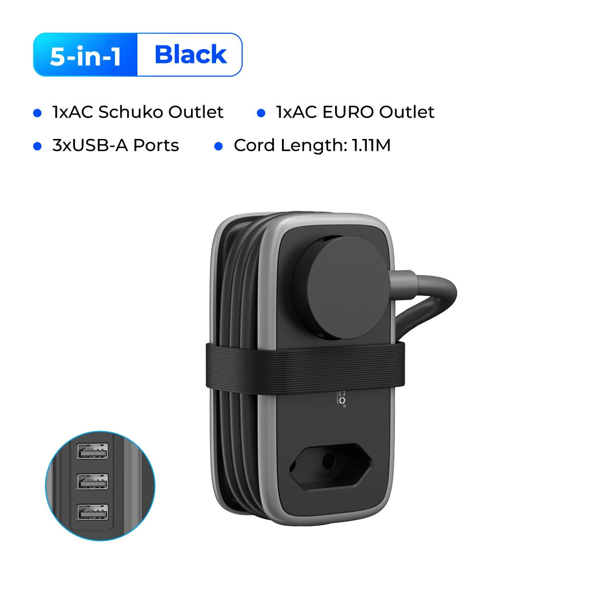 Multiprise 5-en-1 noire avec 3 ports USB-A, prise Schuko et EURO, câble 1.11m