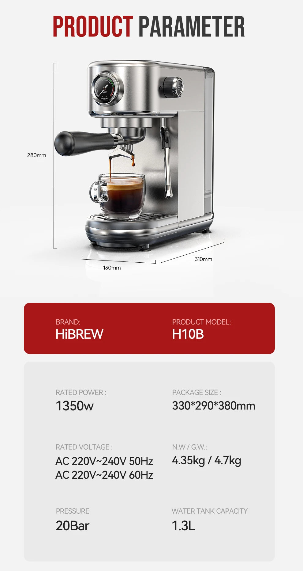 Hiinvasif-Machine à café expresso semi-automatique, cafetière super fine, température réglable, froid et chaud, cappuccino, W 20bar, H10B