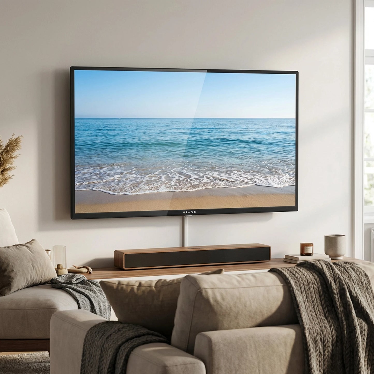 Téléviseur mural 4K affichant plage océan, salon moderne avec enceinte soundbar, idéal pour cinéma maison