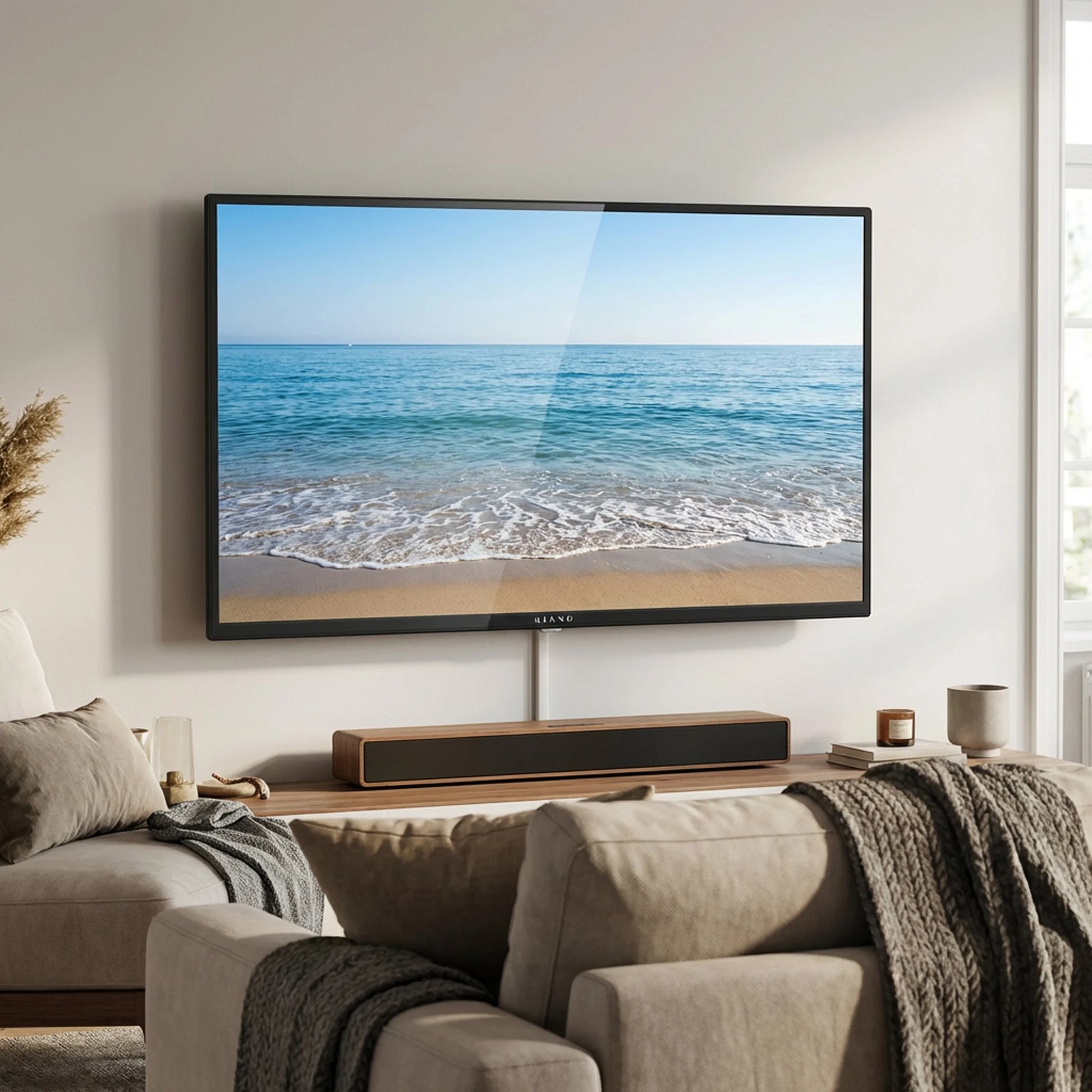 Téléviseur mural 4K affichant plage océan, salon moderne avec enceinte soundbar, idéal pour cinéma maison