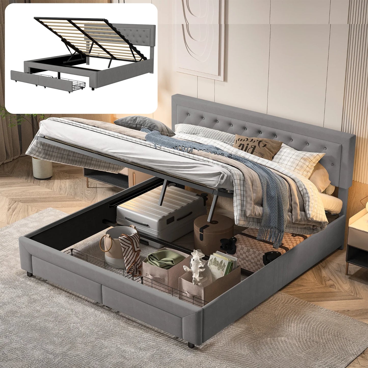 Lit avec rangement intégré, tête de lit capitonnée grise, idéal pour optimiser l'espace dans la chambre