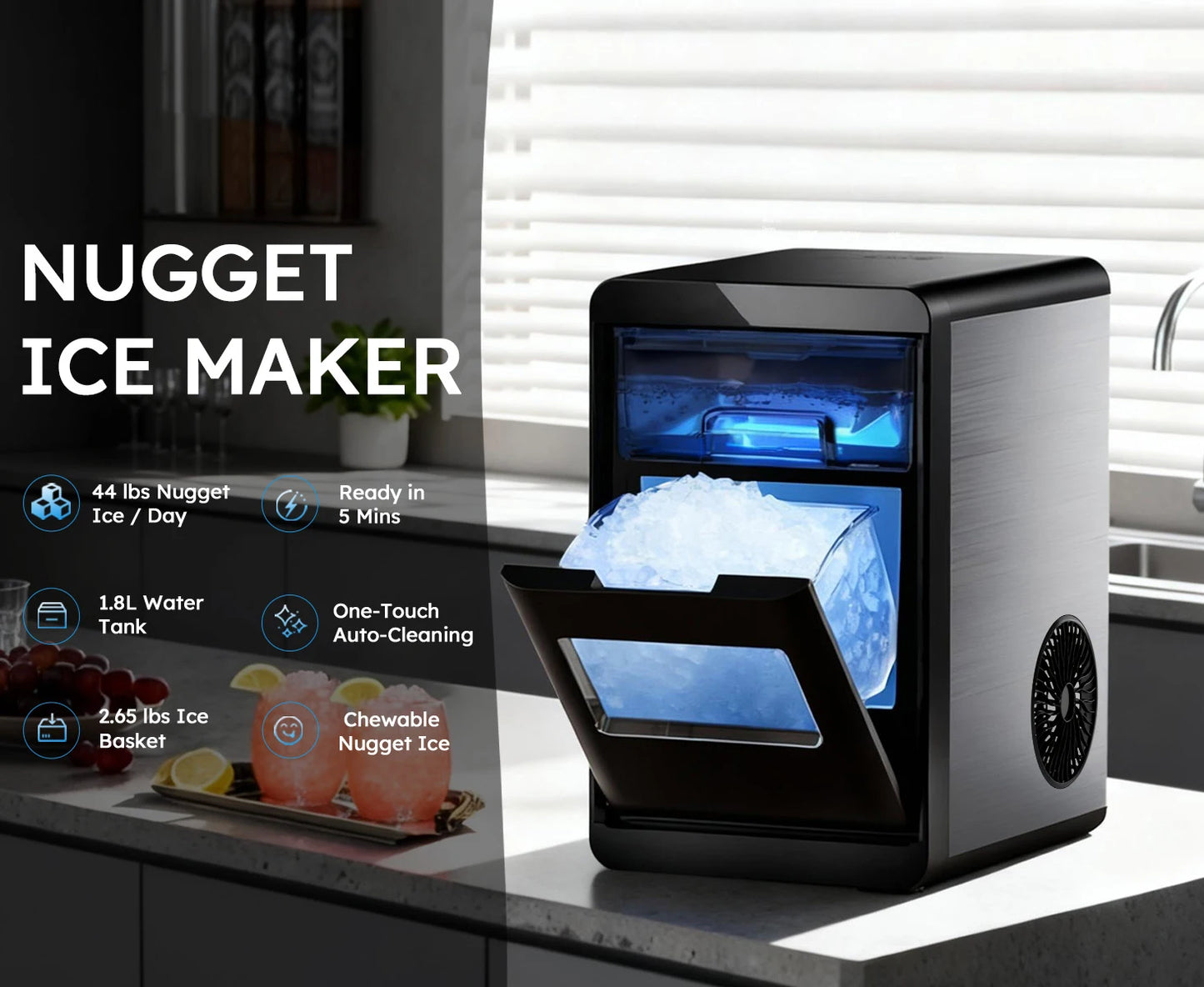 Machine à glaçons Nugget de comptoir 44bs/24H, Machine à glace à granulés à croquer autonettoyante avec cuillère à glace et panier pour la maison/cuisine/fête