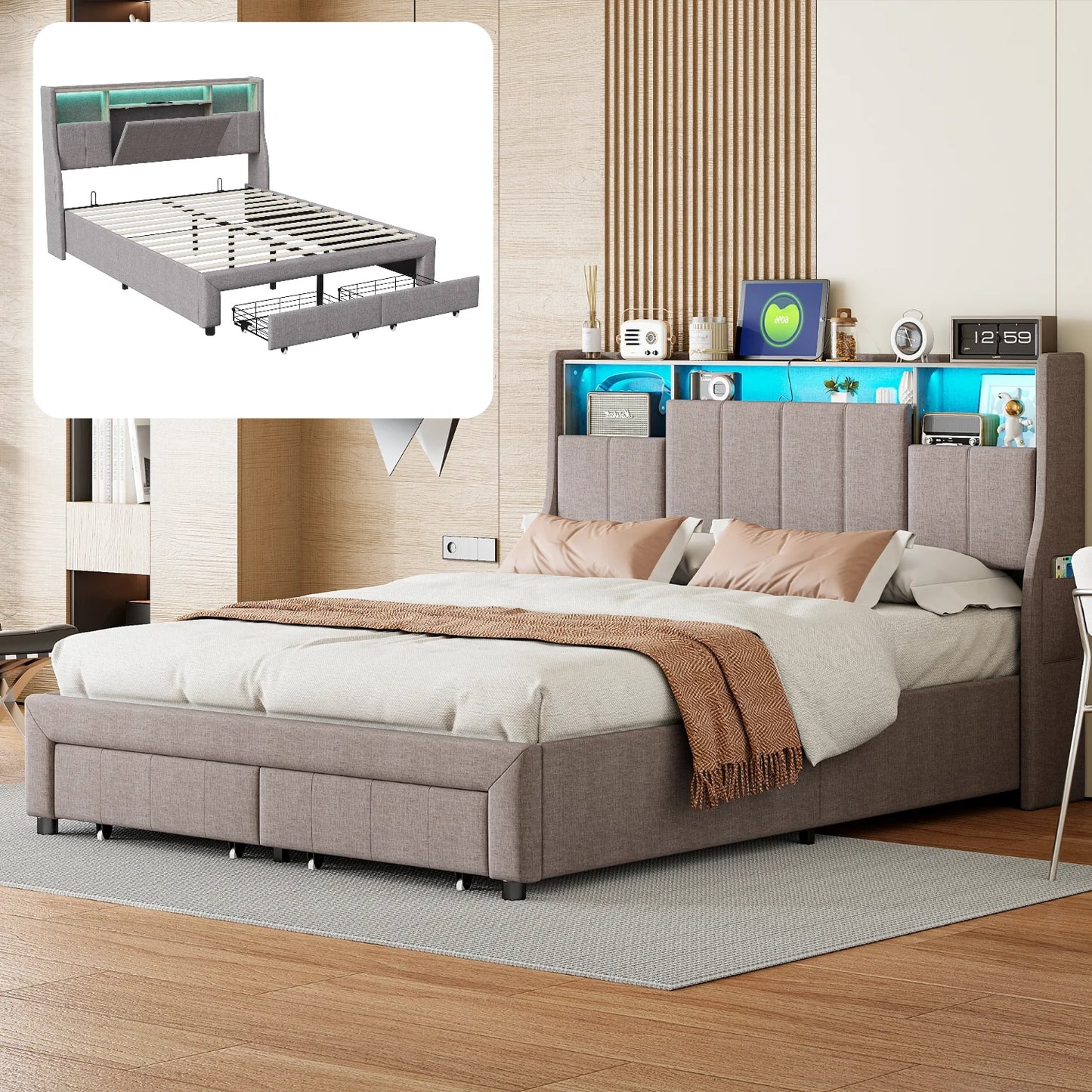 Lit contemporain avec tête de lit lumineuse et rangements intégrés, design moderne pour chambre à coucher
