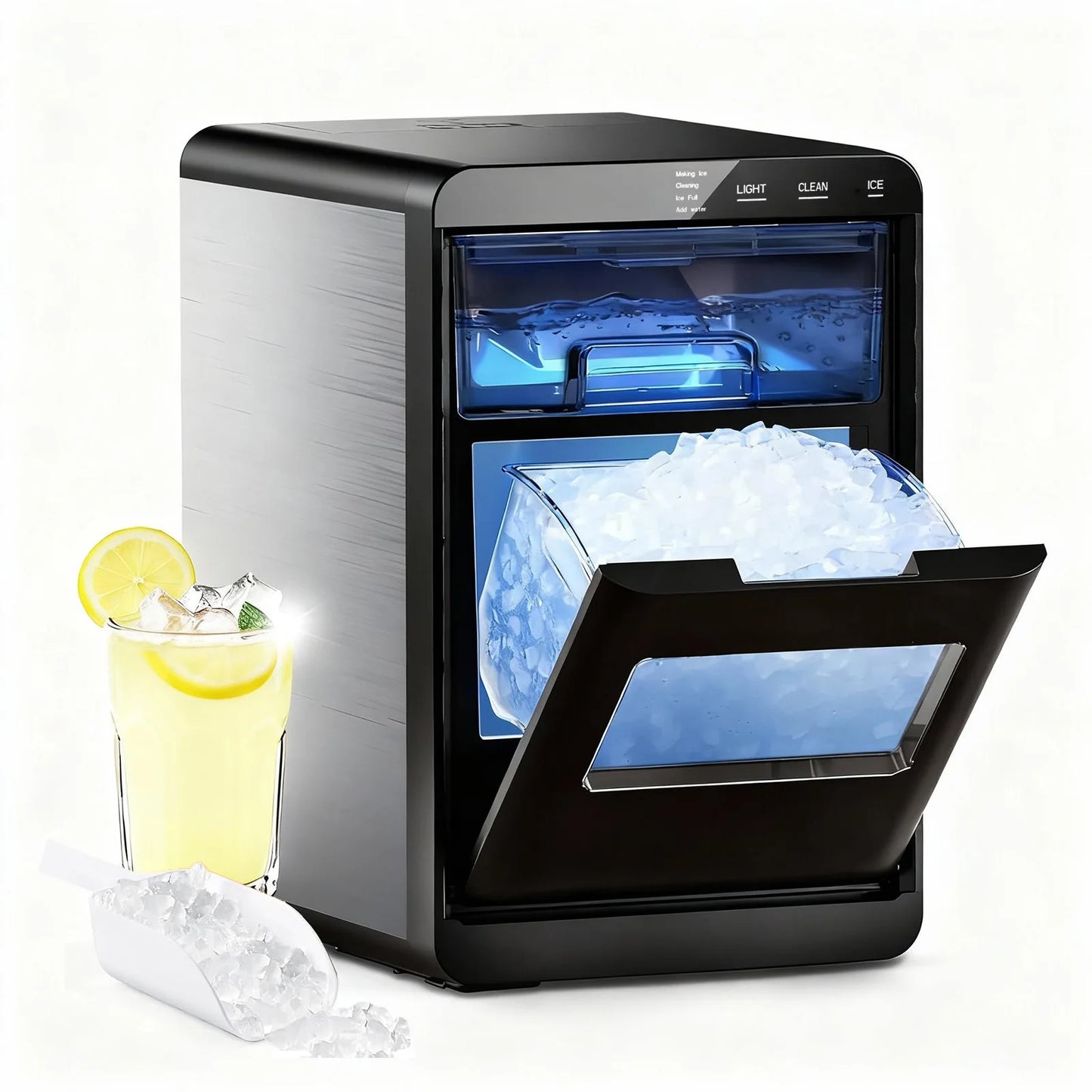 Machine à glaçons Nugget de comptoir 44bs/24H, Machine à glace à granulés à croquer autonettoyante avec cuillère à glace et panier pour la maison/cuisine/fête