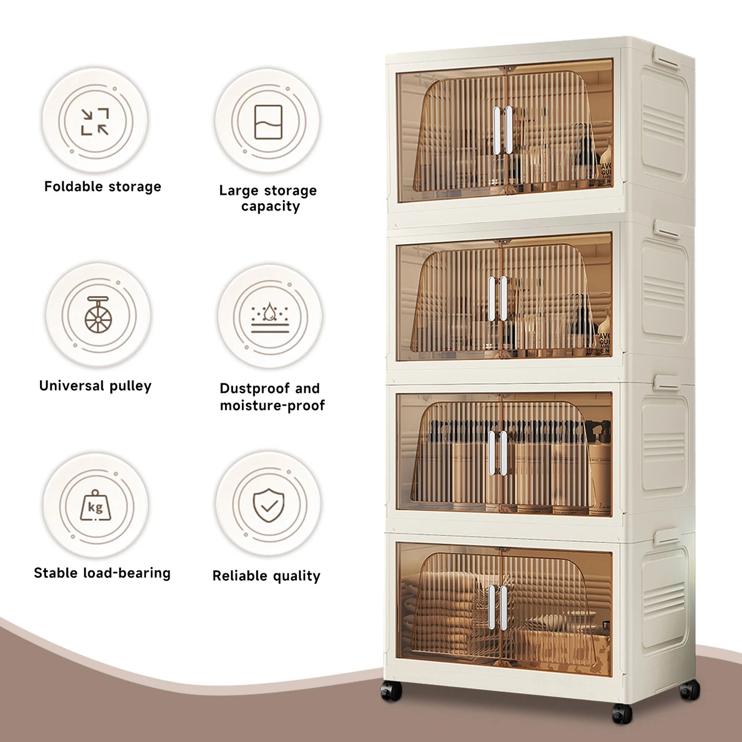 Armoire de rangement pliable à 4 niveaux, grande capacité, anti-poussière, avec roulettes et qualité fiable