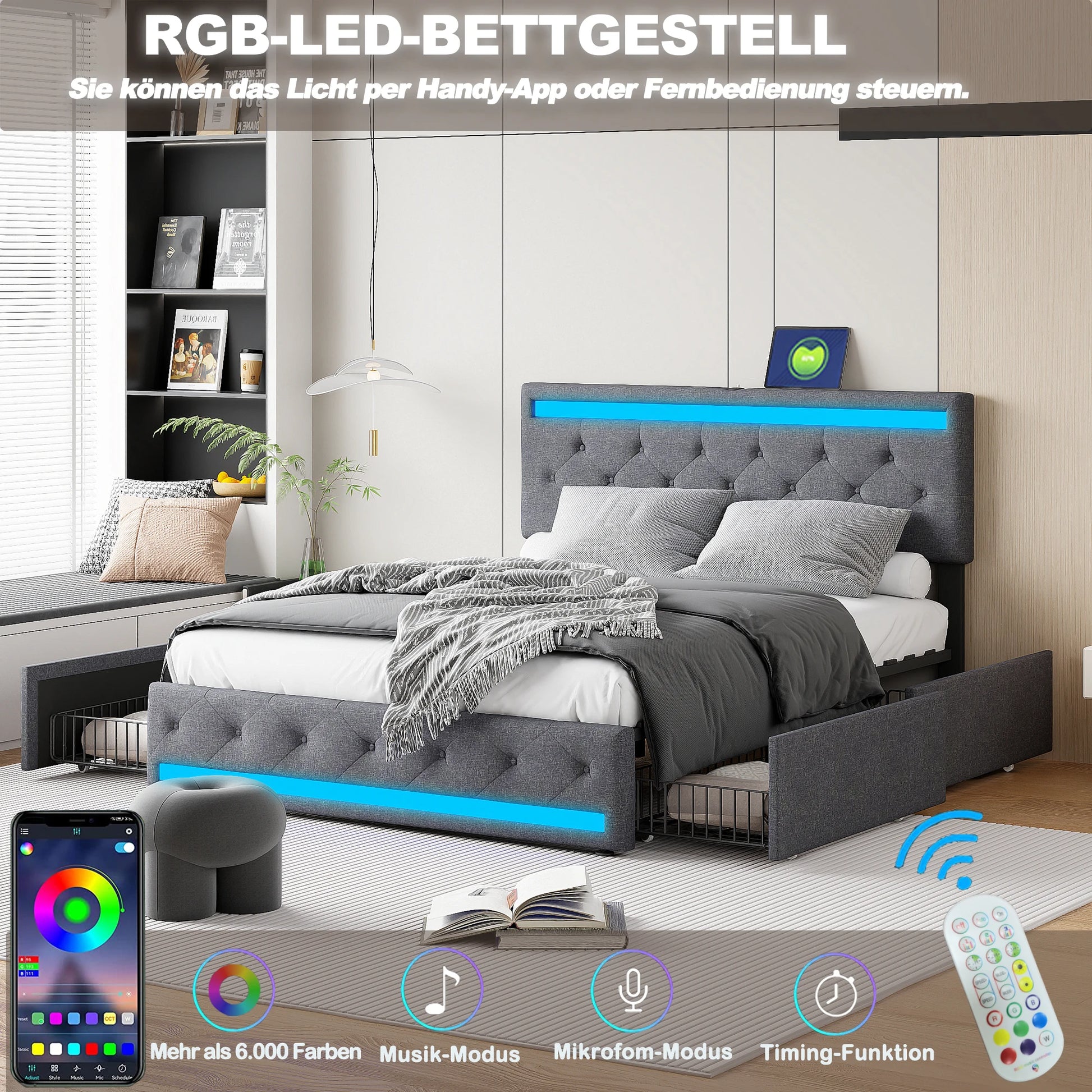 Lit avec éclairage LED RGB contrôlable via appli ou télécommande, design moderne avec rangement intégré