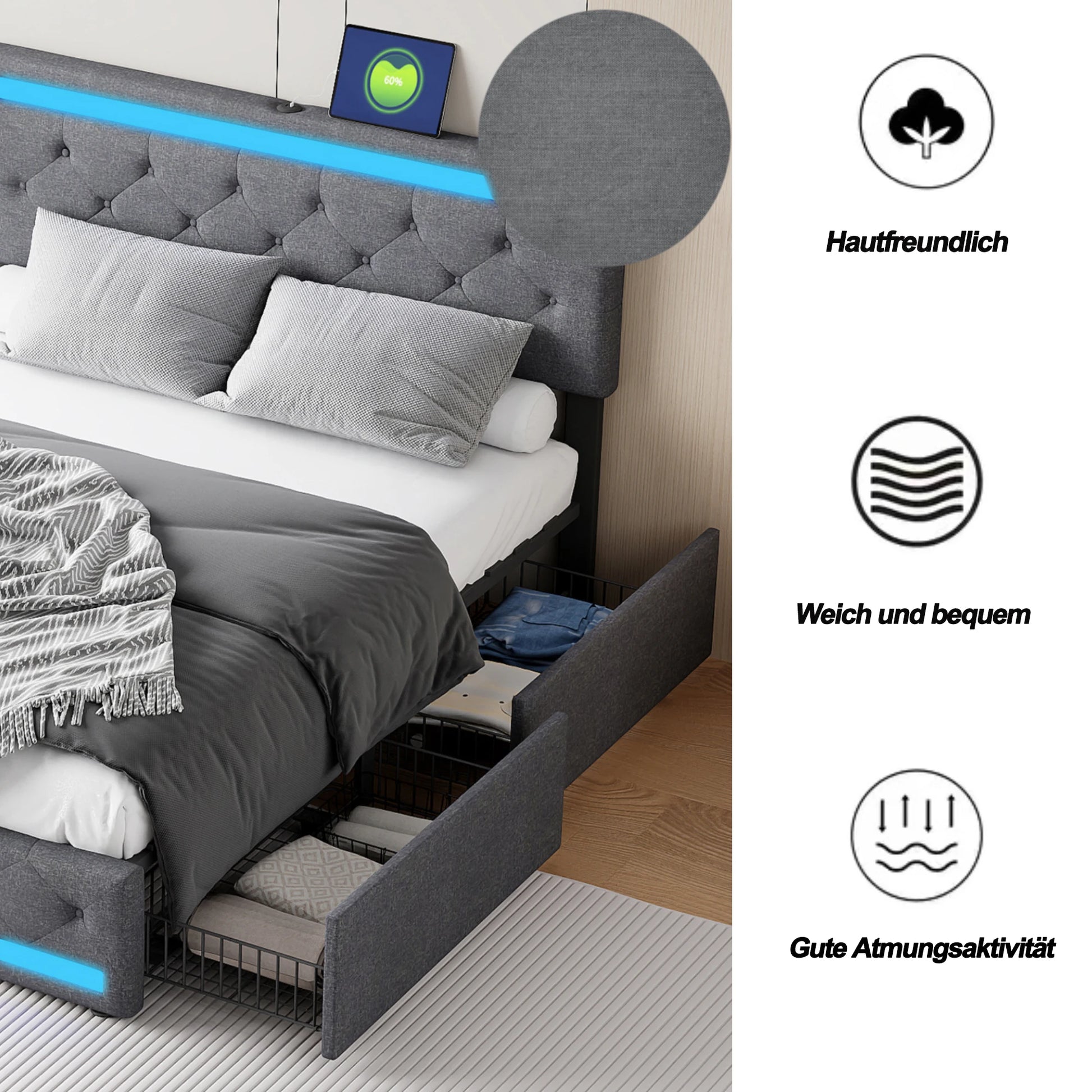 Lit moderne avec rangement et LED, tissu doux et respirant, idéal pour chambre design