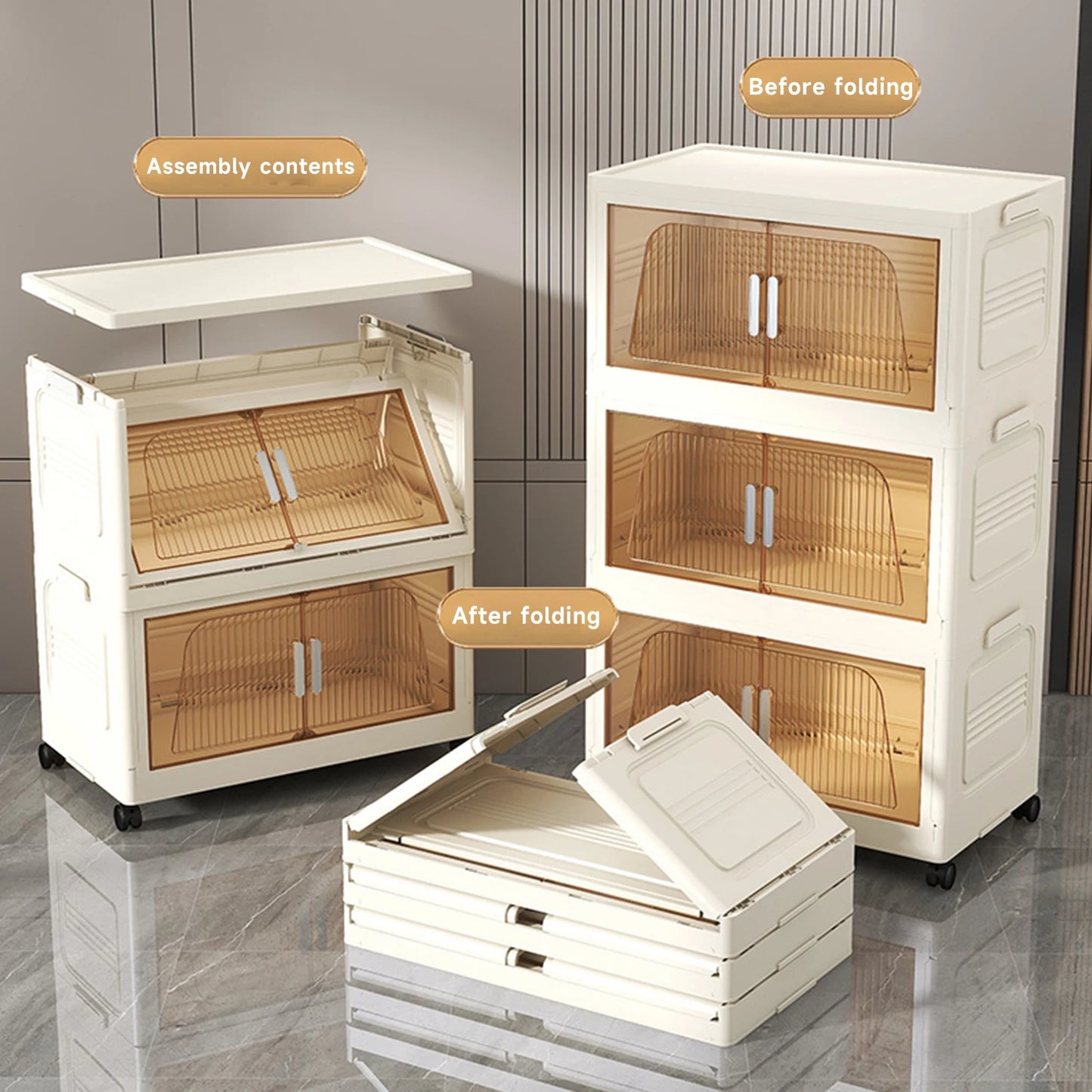 Armoire de rangement pliable avec roulettes, avant et après pliage, idéale pour optimiser l'espace