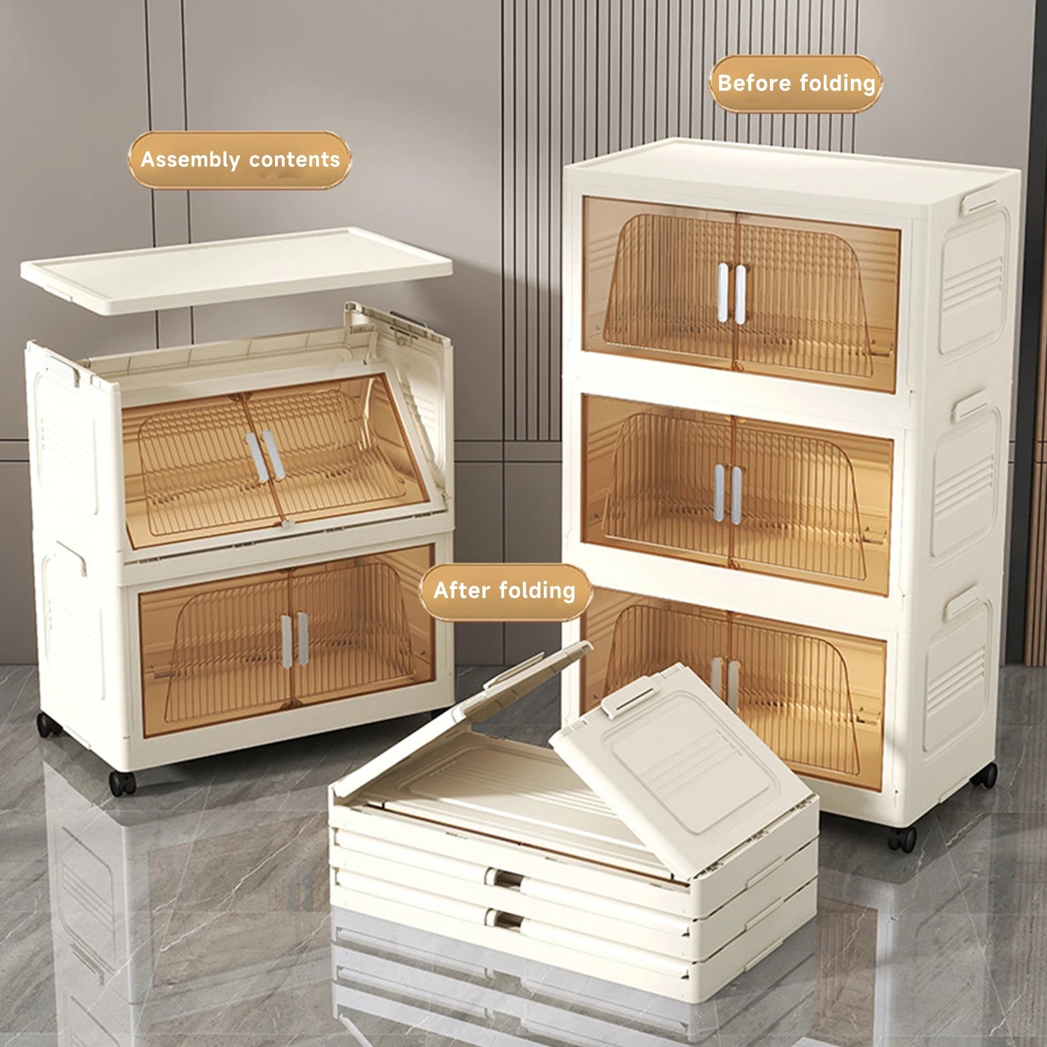 Armoire de rangement pliable avec roulettes, avant et après pliage, idéale pour optimiser l'espace