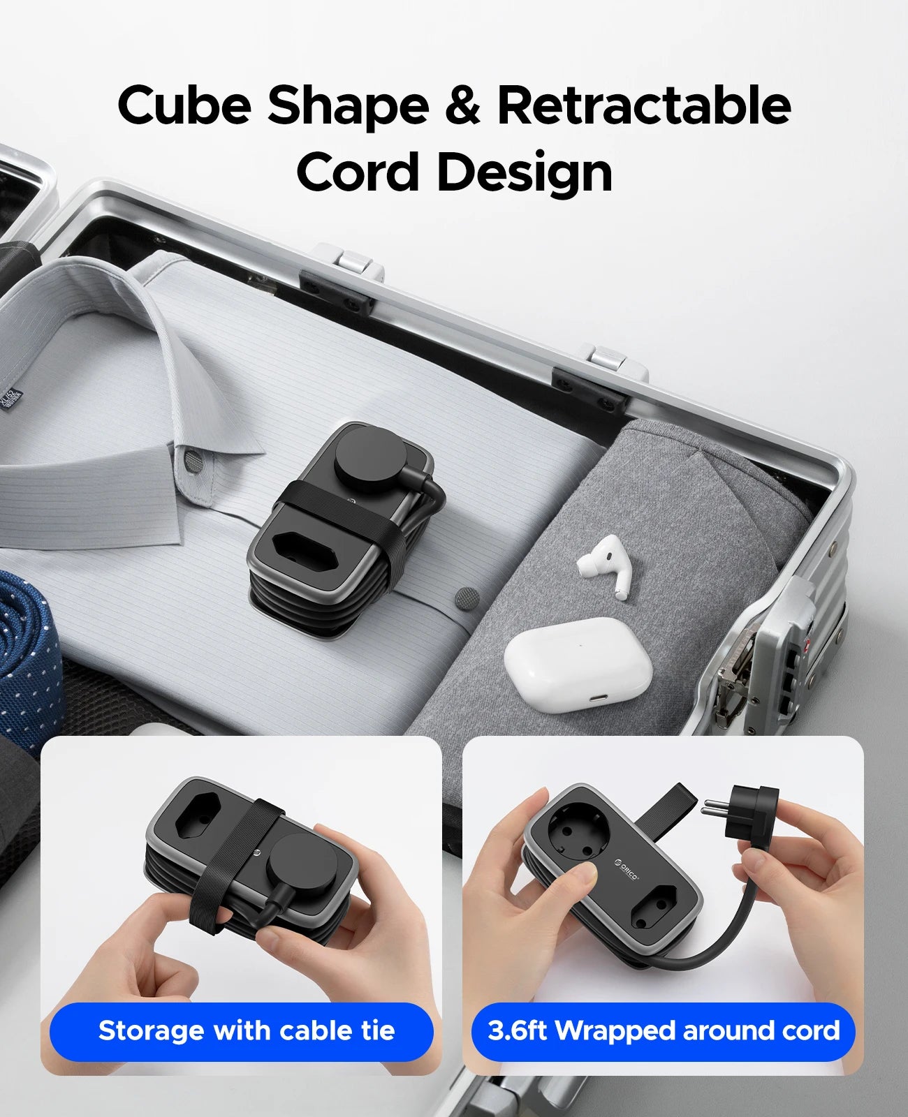 Adaptateur secteur cube compact avec câble rétractable, idéal pour voyager, rangement avec attache