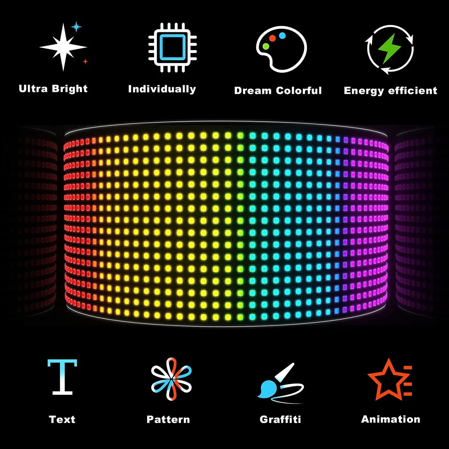 Bande LED RGB ultra lumineuse, colorée et économe en énergie, affichage texte, motifs, graffiti, animation
