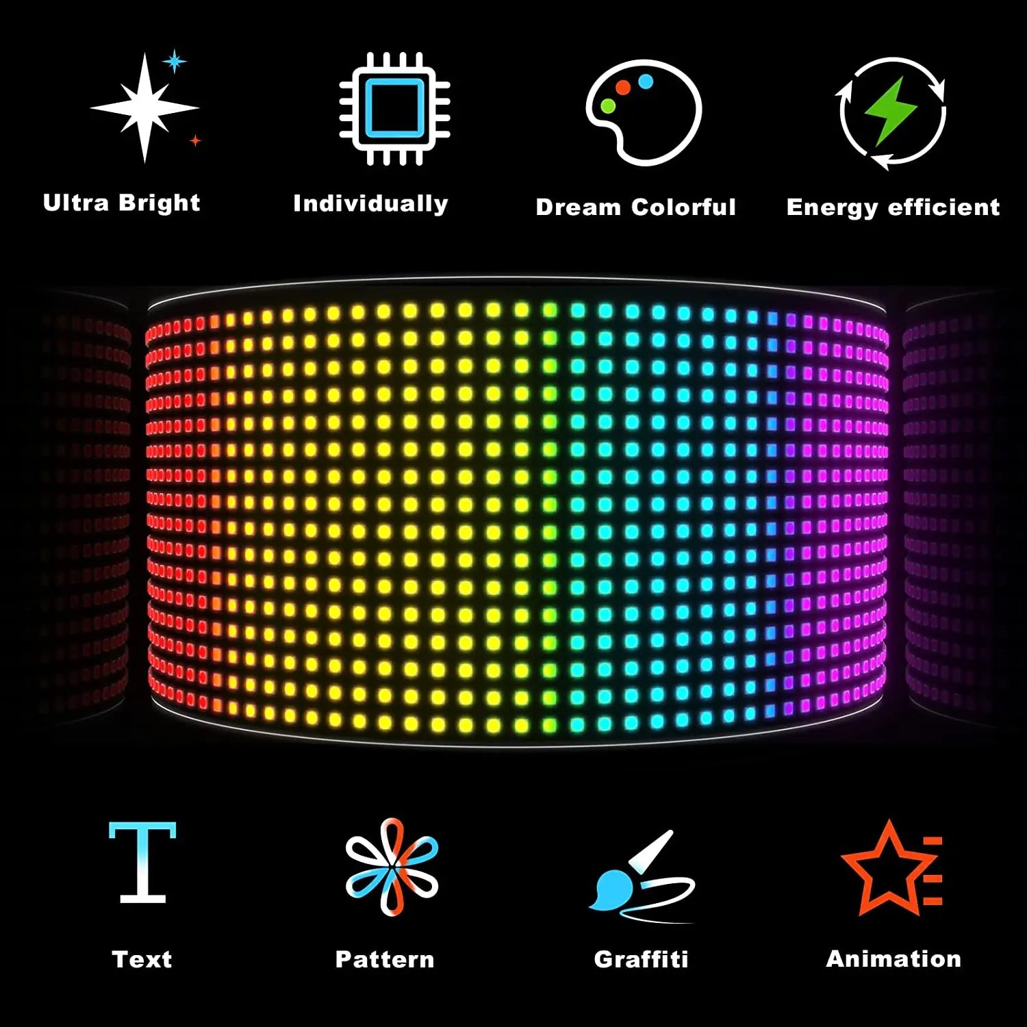 Bande LED RGB ultra lumineuse, colorée et économe en énergie, affichage texte, motifs, graffiti, animation