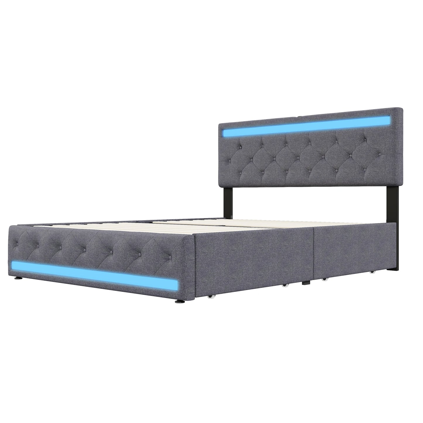 Cadre de lit gris avec LED bleue, design capitonné, lit moderne avec éclairage intégré