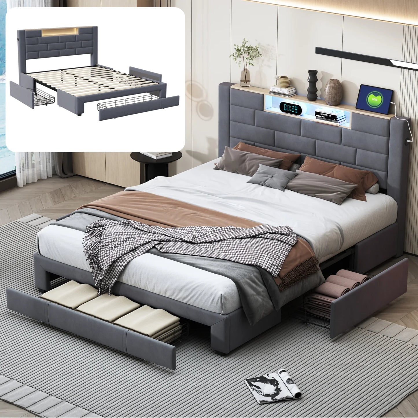 Lit moderne gris avec rangements intégrés, éclairage LED et chevet intelligent, idéal pour chambre contemporaine