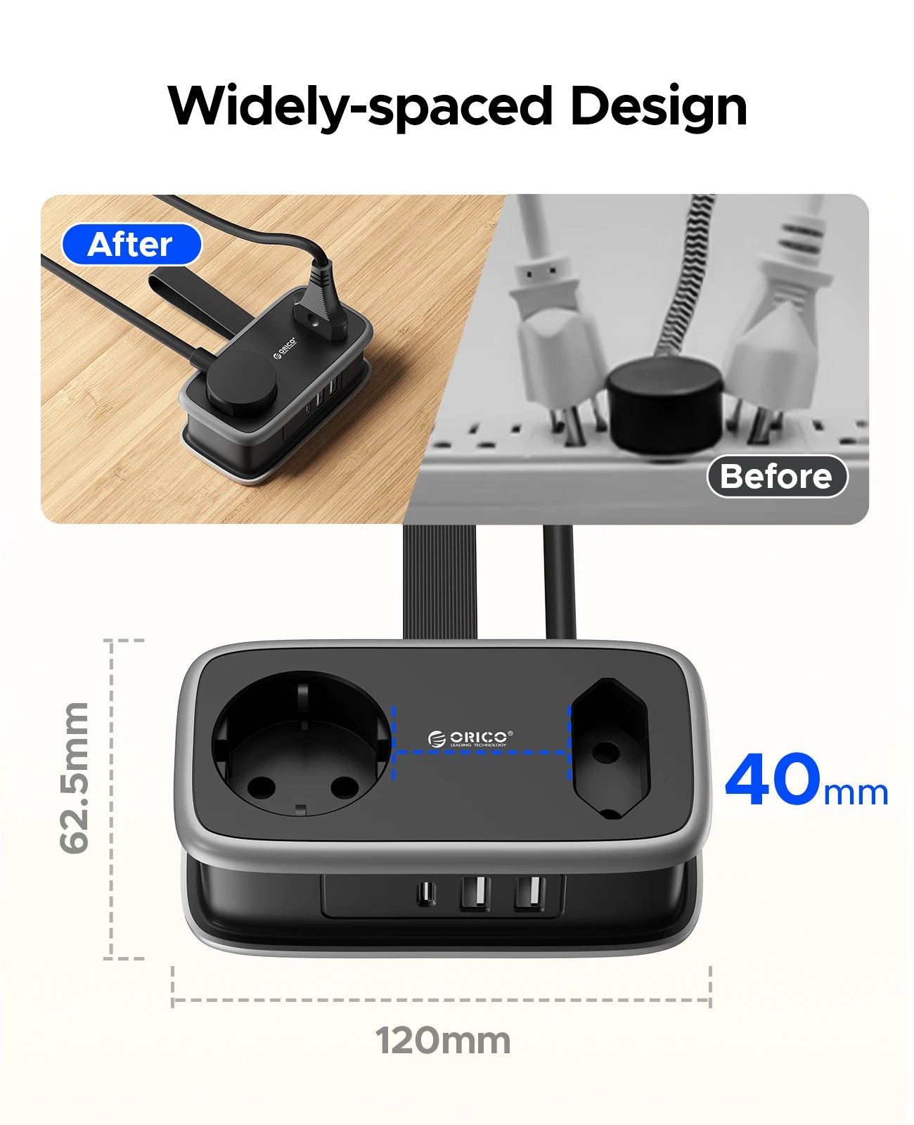 Multiprise ORICO avec ports USB, design espacé 40mm, idéale pour chargeurs et câbles encombrants