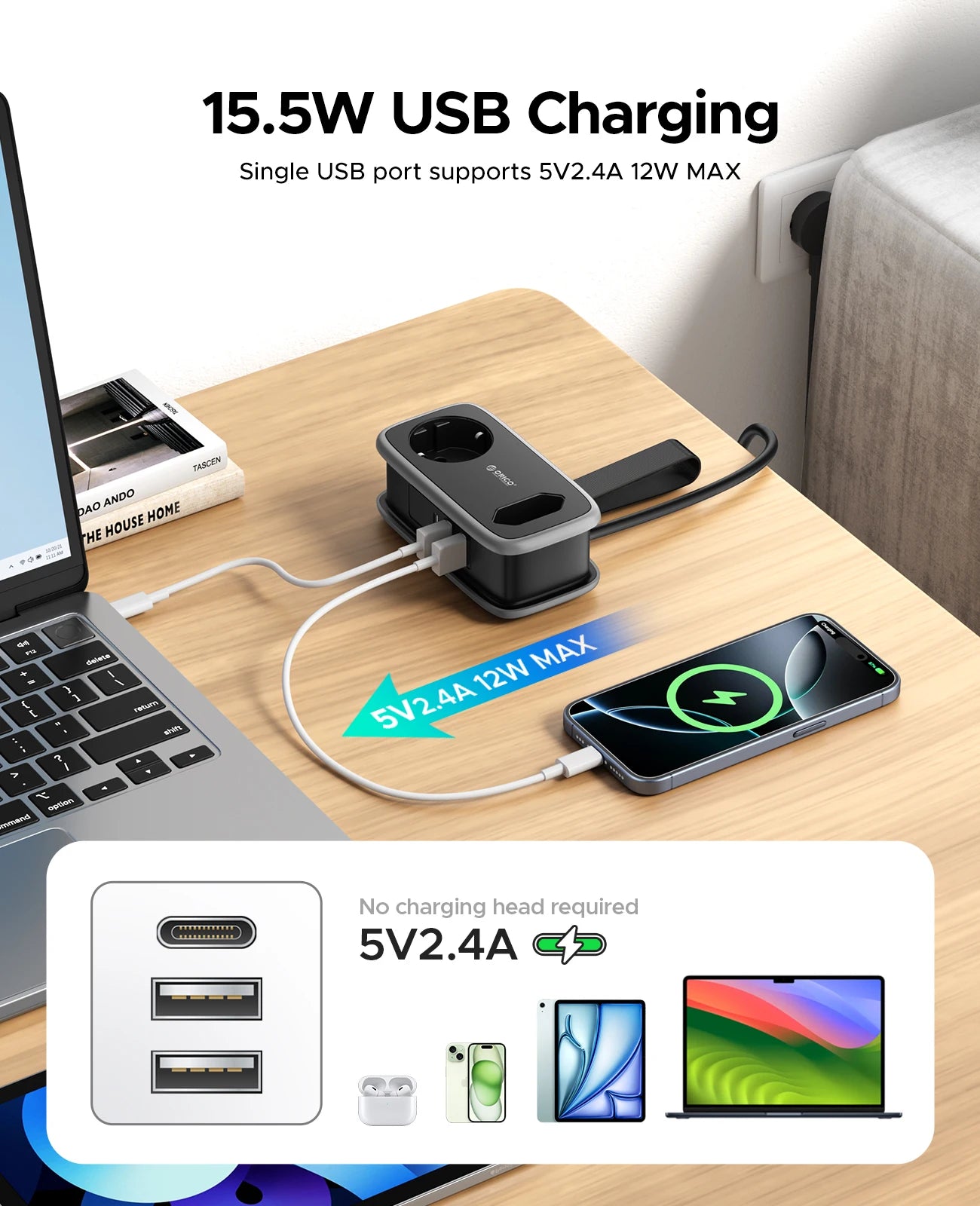 Chargeur USB 15.5W pour smartphone, ordinateur portable et accessoires high-tech, sans adaptateur requis