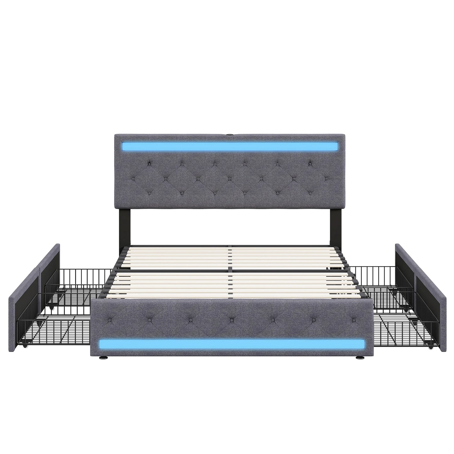 Cadre de lit gris avec LED bleue, rangement intégré et tête de lit capitonnée, design moderne et pratique