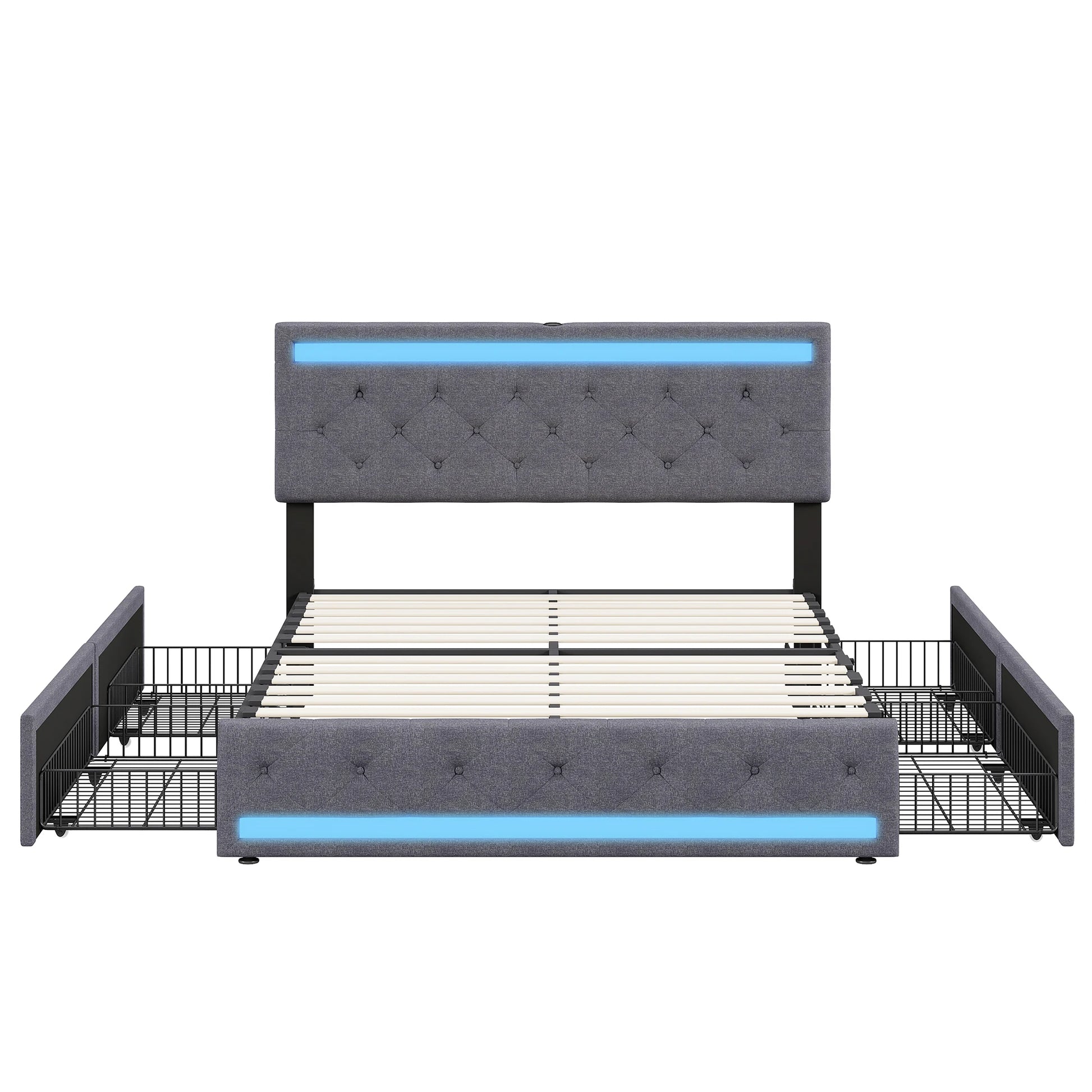 Cadre de lit gris avec LED bleue, rangement intégré et tête de lit capitonnée, design moderne et pratique