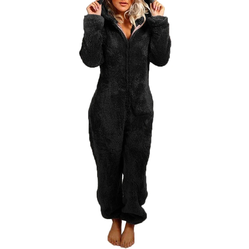 Barboteuse en peluche pour femmes, pyjama en flanelle, manches longues, fermeture éclair, col haut, chapeau, garde au chaud, vêtements de nuit pour filles, vêtements de maison, automne hiver