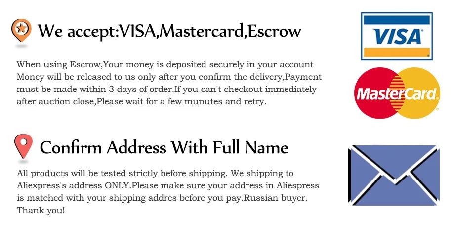 Moyens de paiement acceptés : Visa, Mastercard, Escrow. Confirmez votre adresse complète pour livraison sécurisée.