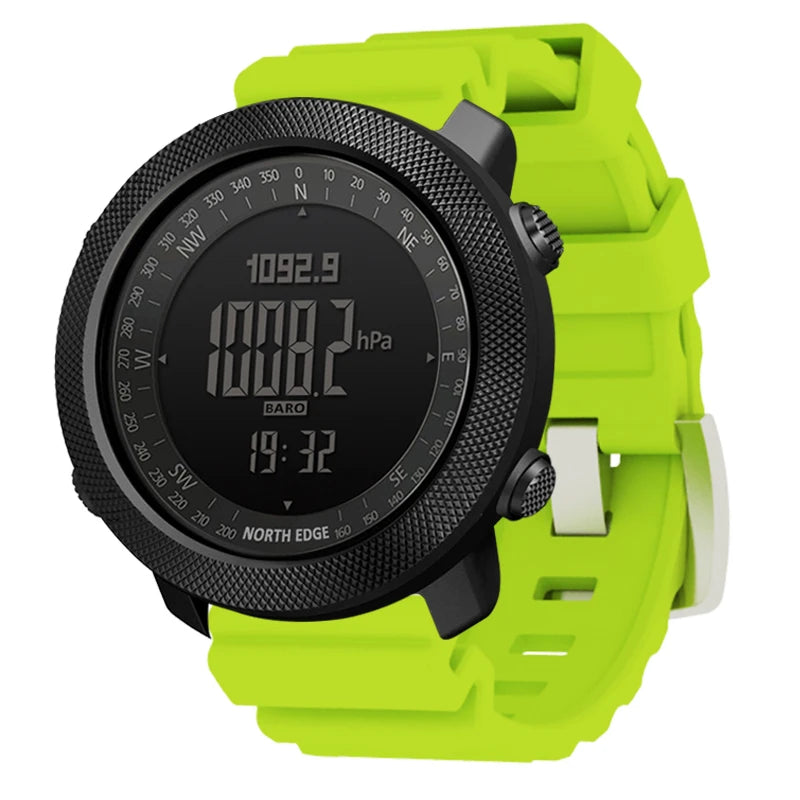 Montre connectée sportive vert fluo avec baromètre et boussole, idéale pour les activités outdoor et le suivi de pression
