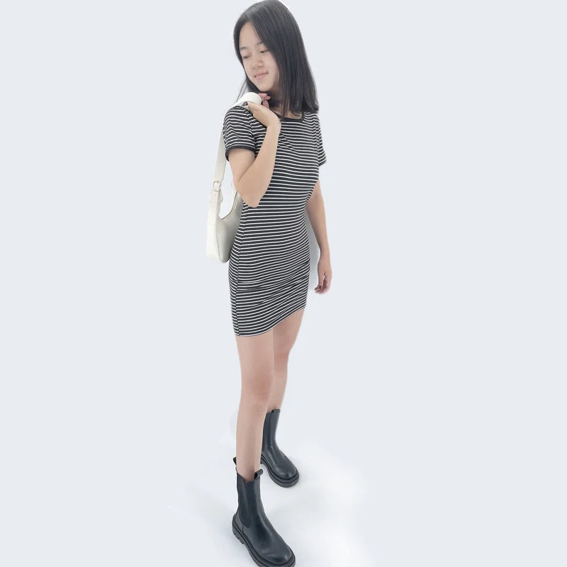 Robe d'été à manches courtes, col rond, à rayures noires et blanches, décontractée, élégante, fourreau, Slim, Stock