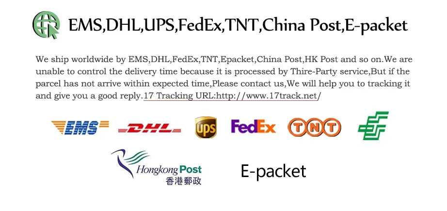 Livraison mondiale par EMS, DHL, UPS, FedEx, TNT, China Post, E-packet – Suivi disponible via 17track.net