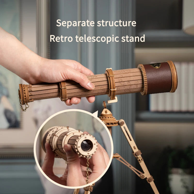 Télescope rétro en bois avec trépied, design vintage et structure démontable, idéal pour collectionneurs