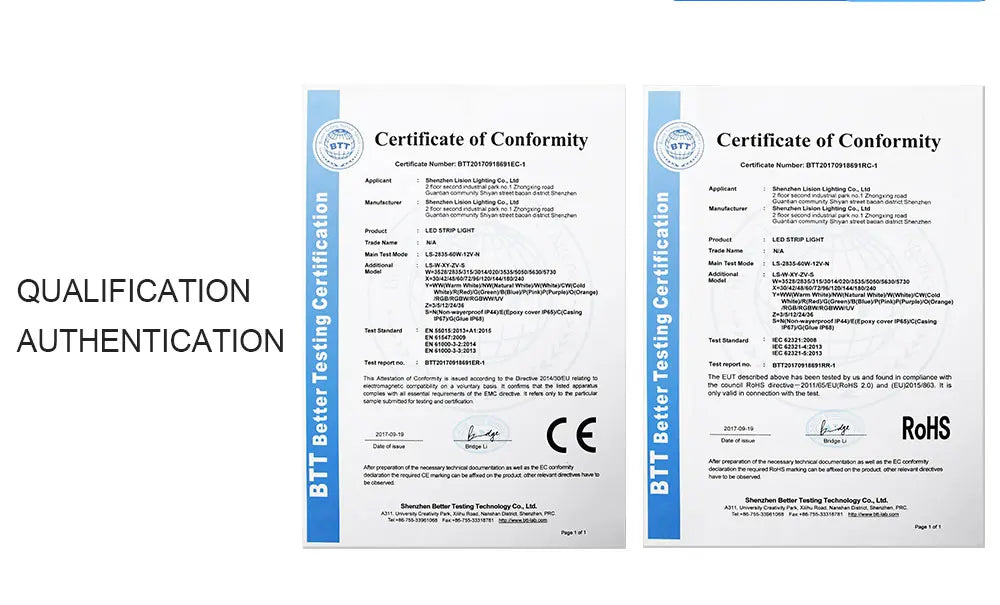 Certificats de conformité CE et RoHS pour bandes LED, validation qualité et sécurité