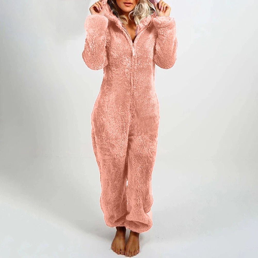 Barboteuse en peluche pour femmes, pyjama en flanelle, manches longues, fermeture éclair, col haut, chapeau, garde au chaud, vêtements de nuit pour filles, vêtements de maison, automne hiver