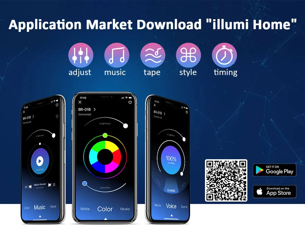 Application illumi Home pour contrôler l'éclairage RGB via smartphone, avec réglages musique, couleur et minuterie