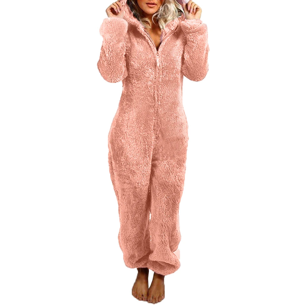 Barboteuse en peluche pour femmes, pyjama en flanelle, manches longues, fermeture éclair, col haut, chapeau, garde au chaud, vêtements de nuit pour filles, vêtements de maison, automne hiver