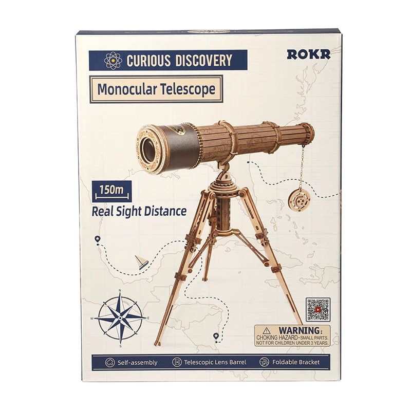 Télescope monoculaire en bois à monter soi-même, portée 150m, support pliable, idéal pour découverte et observation