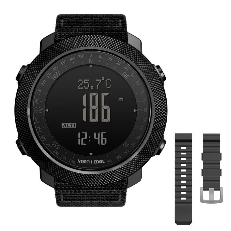 Montre connectée North Edge noire avec altimètre, température et boussole, bracelet textile et silicone inclus