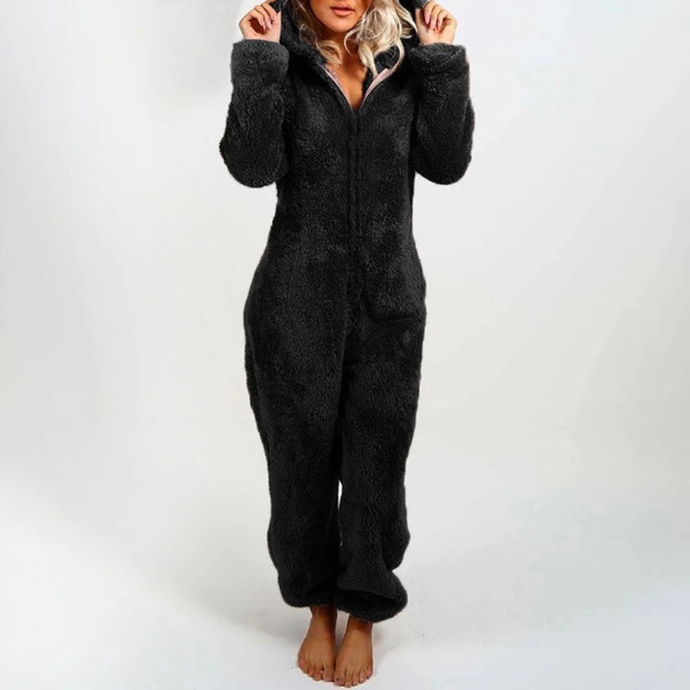 Barboteuse en peluche pour femmes, pyjama en flanelle, manches longues, fermeture éclair, col haut, chapeau, garde au chaud, vêtements de nuit pour filles, vêtements de maison, automne hiver