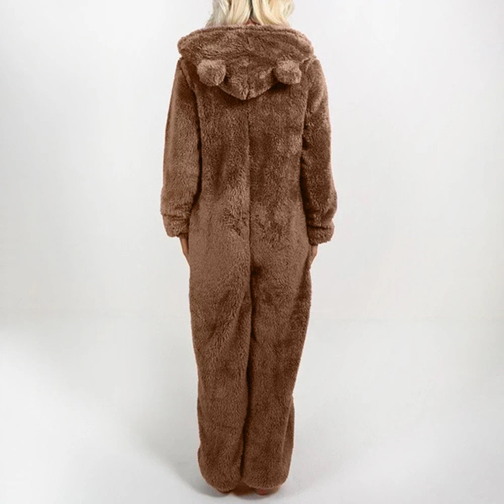 Barboteuse en peluche pour femmes, pyjama en flanelle, manches longues, fermeture éclair, col haut, chapeau, garde au chaud, vêtements de nuit pour filles, vêtements de maison, automne hiver