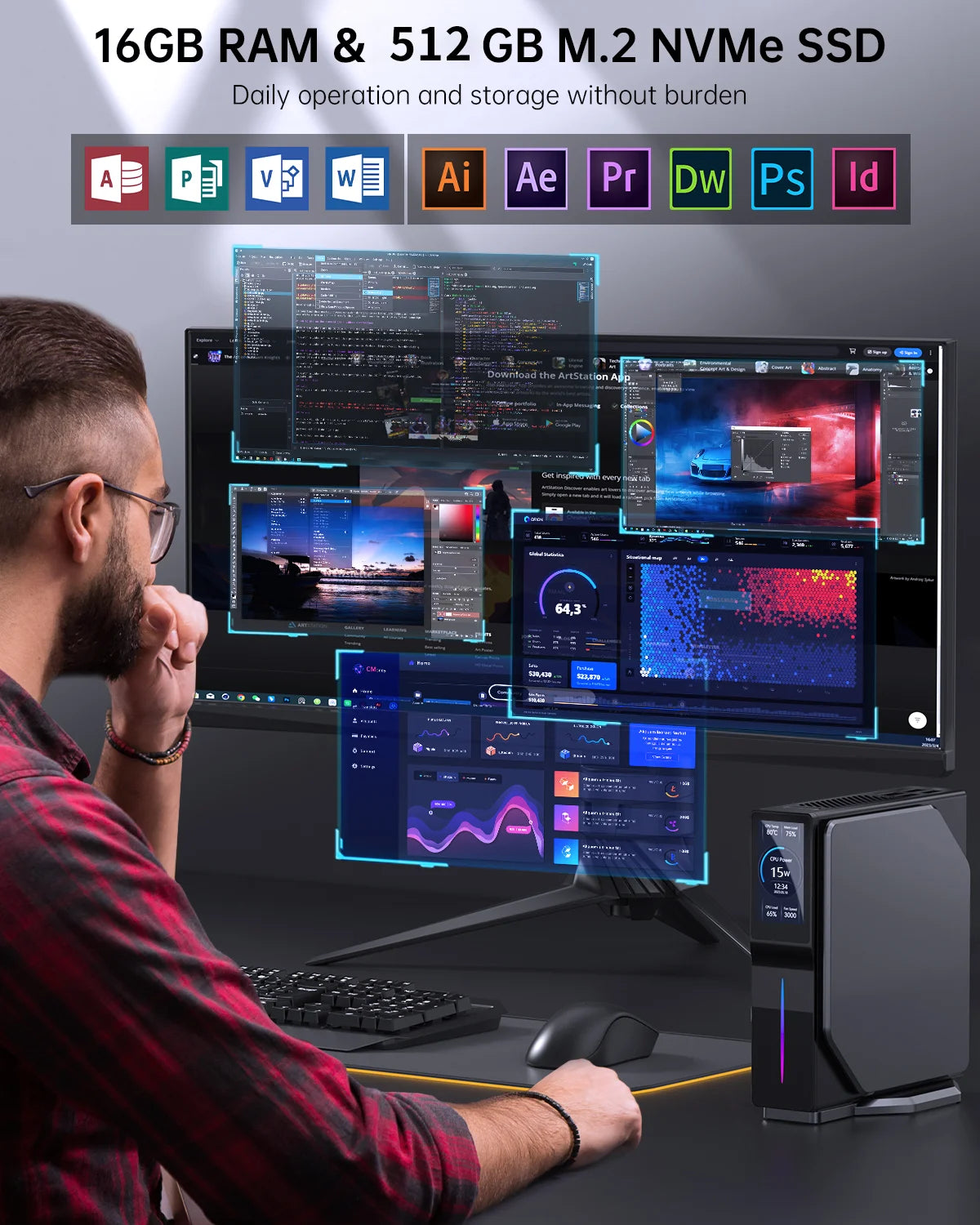 Intel 12e génération Alder Lake N150 Mini PC M.2 NVMe SSD Mini ordinateur de jeu écran LCD Mini tour verticale