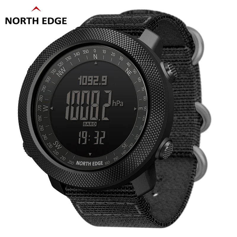 Montre connectée North Edge noire avec baromètre, boussole et affichage numérique, idéale pour l'extérieur et le sport.