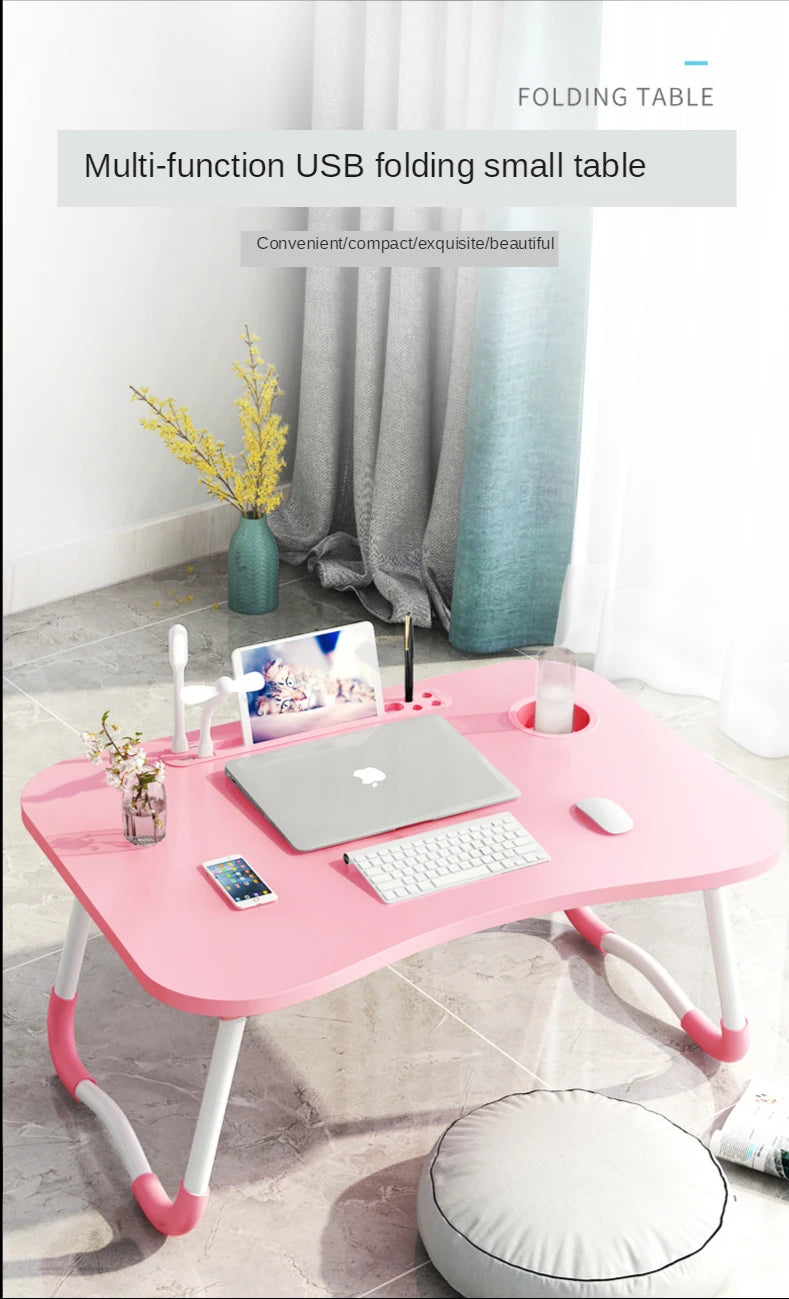 Table pliante rose multifonction USB pour laptop, clavier et accessoires, idéale bureau portable ou lit