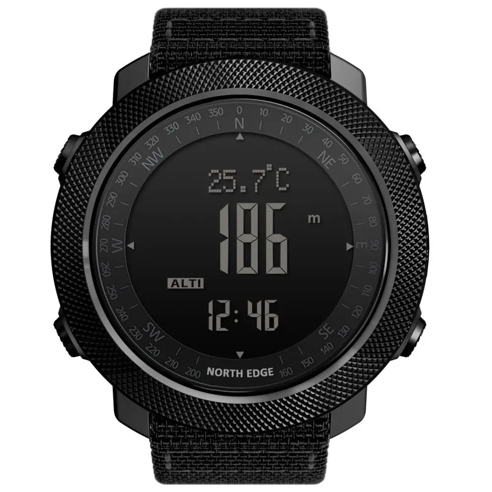 Montre connectée noire avec altimètre, boussole et thermomètre, idéale pour les activités outdoor et le sport