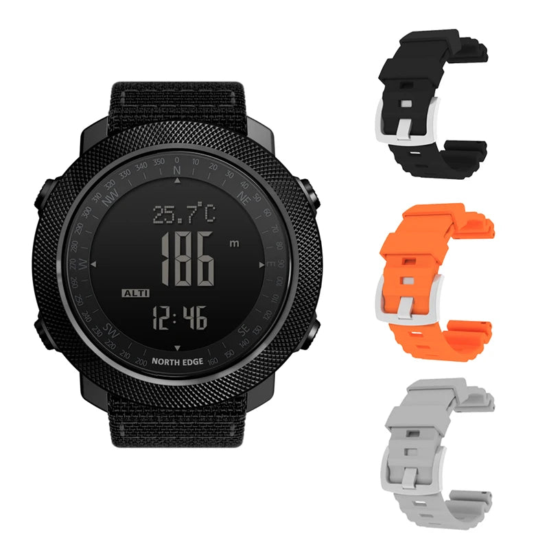 Montre connectée North Edge avec altimètre, thermomètre et 3 bracelets interchangeables noir, orange, gris