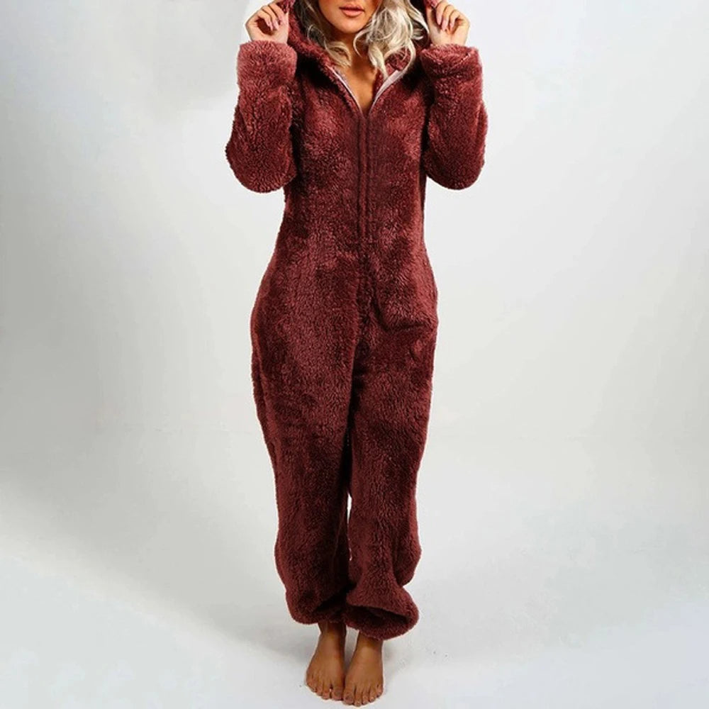 Barboteuse en peluche pour femmes, pyjama en flanelle, manches longues, fermeture éclair, col haut, chapeau, garde au chaud, vêtements de nuit pour filles, vêtements de maison, automne hiver