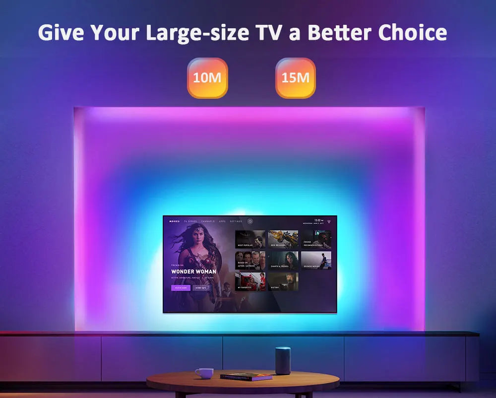 Bande LED RGB pour TV, ambiance lumineuse multicolore, idéale pour cinéma maison et gaming, longueurs 10M/15M