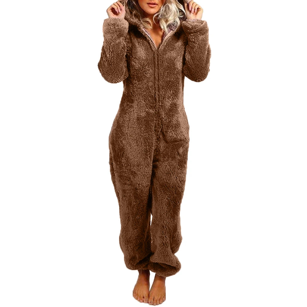 Barboteuse en peluche pour femmes, pyjama en flanelle, manches longues, fermeture éclair, col haut, chapeau, garde au chaud, vêtements de nuit pour filles, vêtements de maison, automne hiver