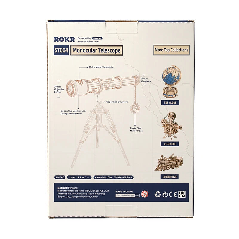 Télescope monoculaire en bois ROKR ST004, kit de construction 3D avec trépied, lentille 30mm, design rétro