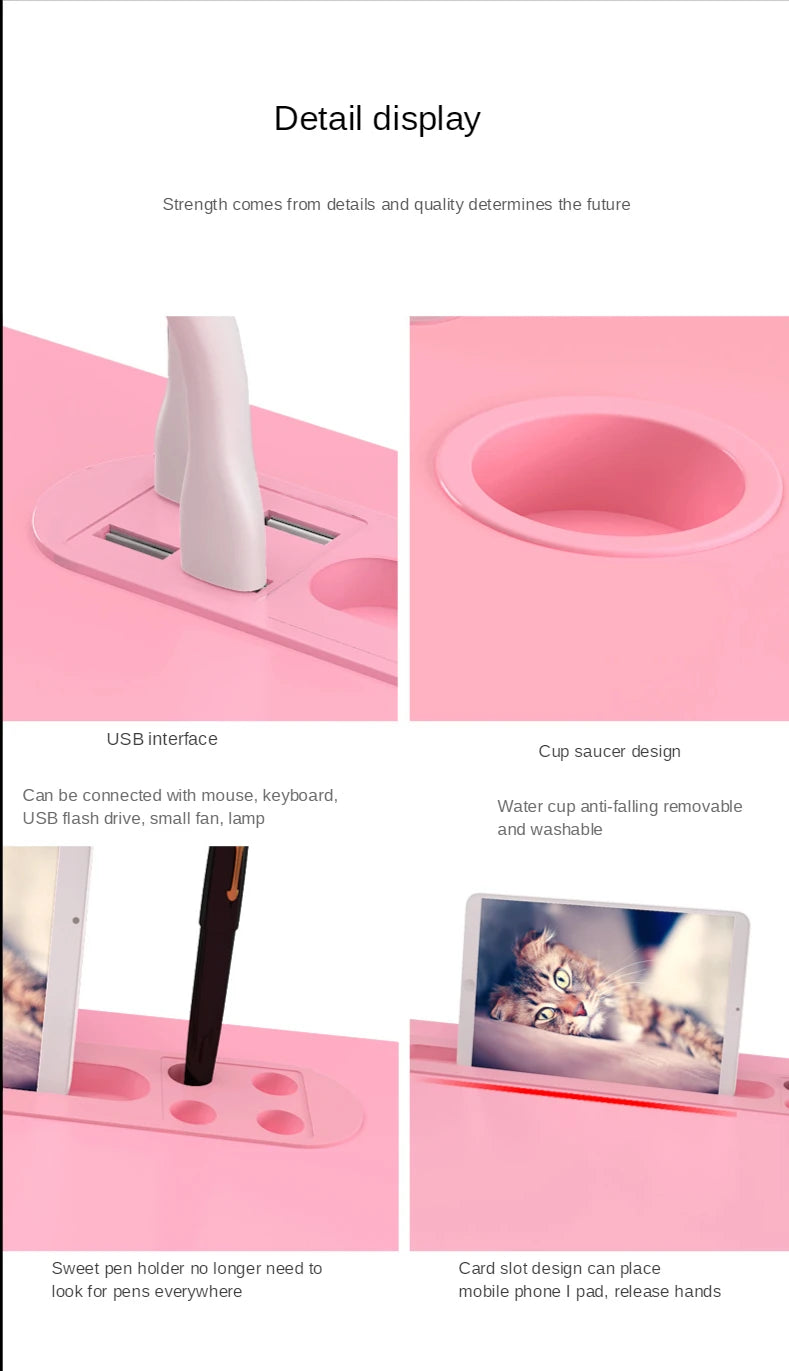 Organisateur de bureau rose avec port USB, porte-gobelet, porte-stylos et support tablette
